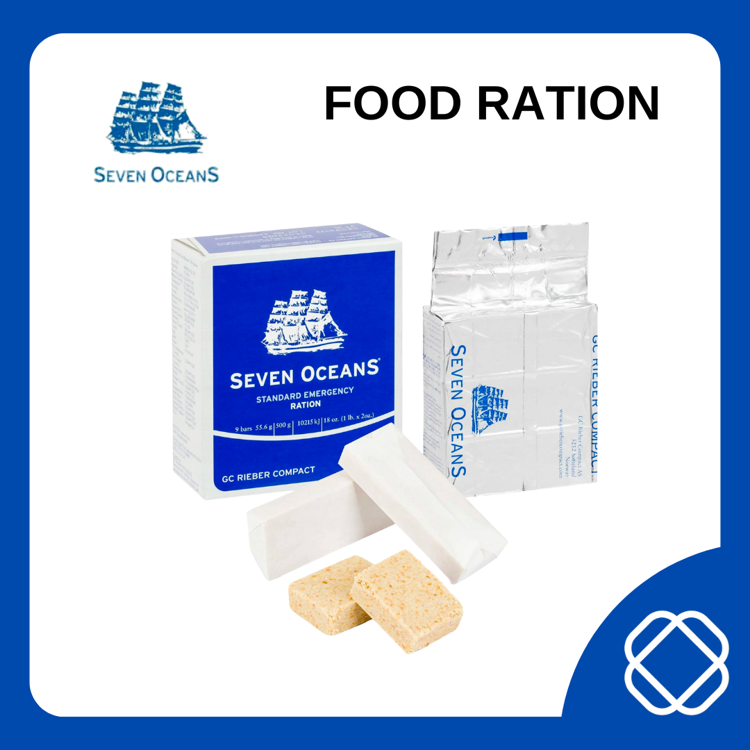 Seven OceanS® Emergency Ration consists of compressed food tablets of approx. 27.8g each. Each unit (500g net) contains 18 tablets packed in 9 bars with grease-proof paper.