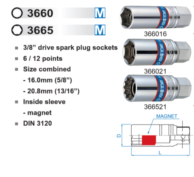 ลูกบ๊อกหัวเทียน แกนแม่เหล็ก รู 3/8”
